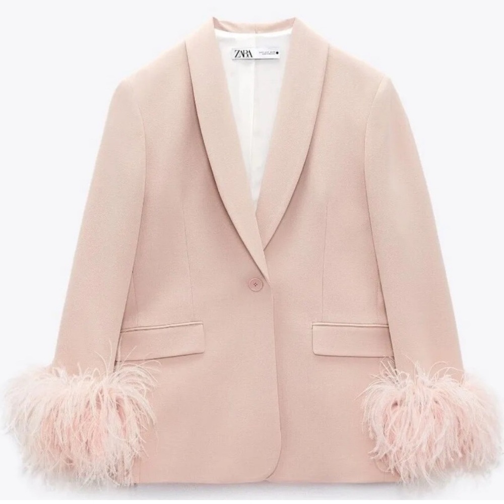 Zara Pink Feather Trim Blazer